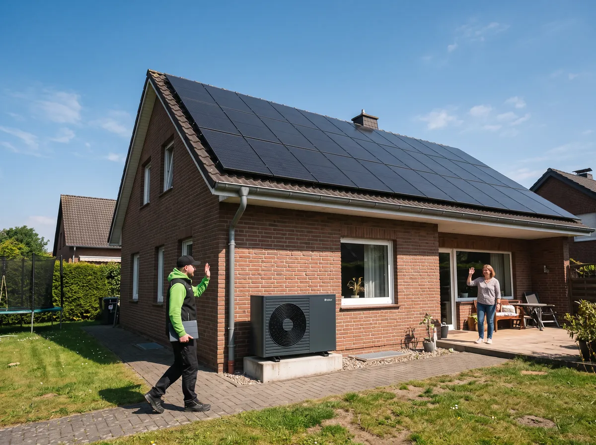 Einfamilienhaus mit PV-Anlage und Wärmepumpe, Solarwart-Techniker begrüßt die Kundin