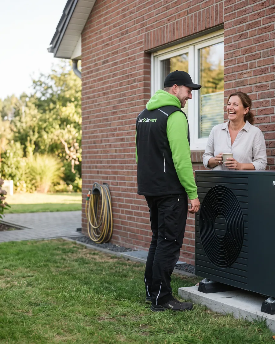 Solarwart-Techniker im Gespräch mit einer Kundin an ihrer Wärmepumpe
